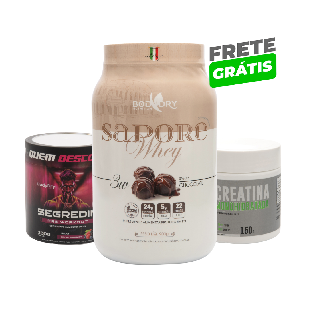 WHEY PROTEIN 3W - SAPORE CHOCOLATE + PRÉ TREINO SEGREDIN + CREATINA