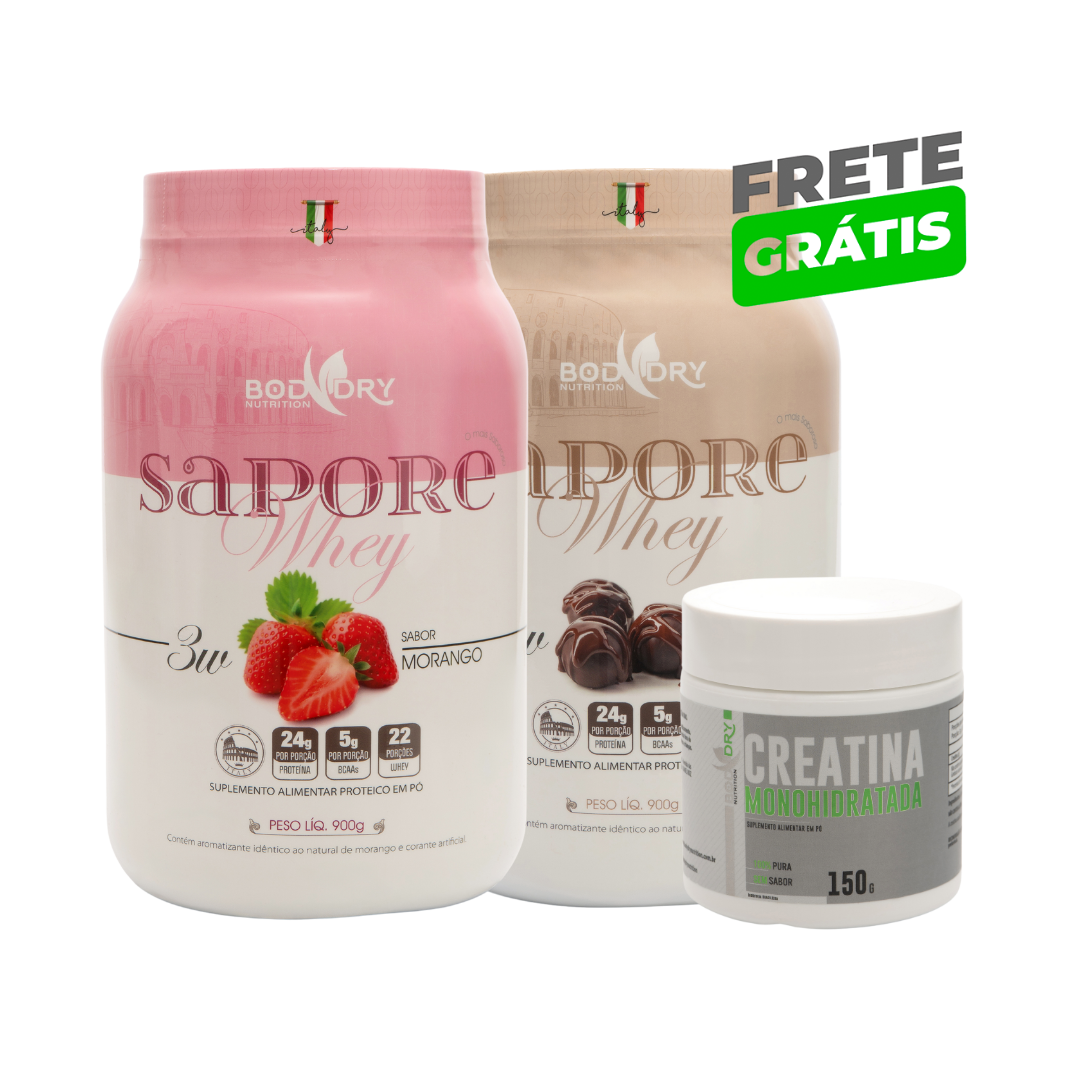 KIT WHEY PROTEIN SAPORE 3W - MORANGO E CHOCOLATE + CREATINA 100% PURA