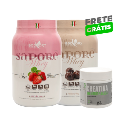 KIT WHEY PROTEIN SAPORE 3W - MORANGO E CHOCOLATE + CREATINA 100% PURA