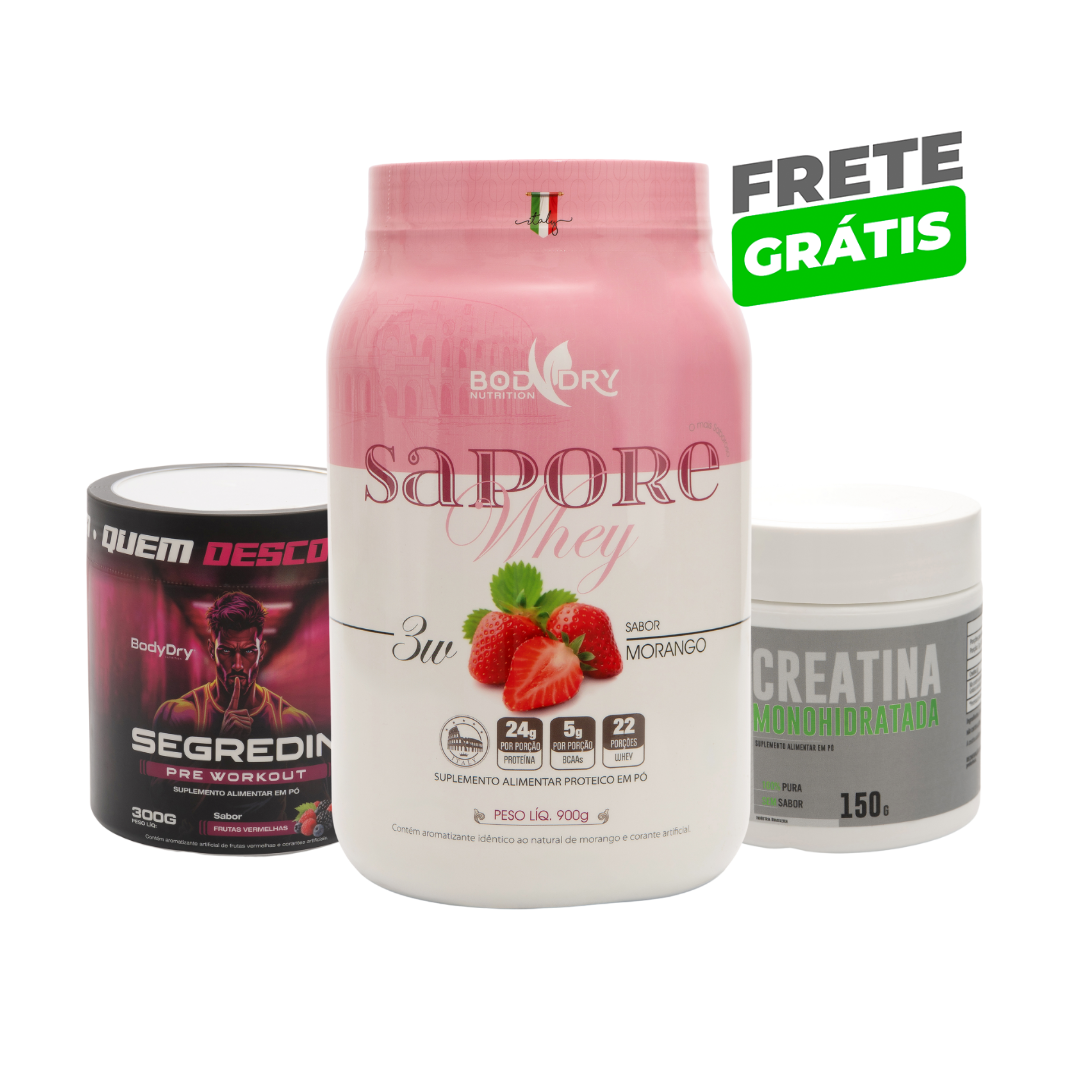 WHEY PROTEIN 3W - SAPORE MORANGO + PRÉ TREINO SEGREDIN + CREATINA