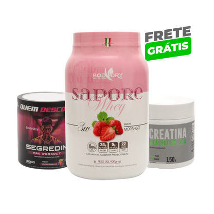 WHEY PROTEIN 3W - SAPORE MORANGO + PRÉ TREINO SEGREDIN + CREATINA