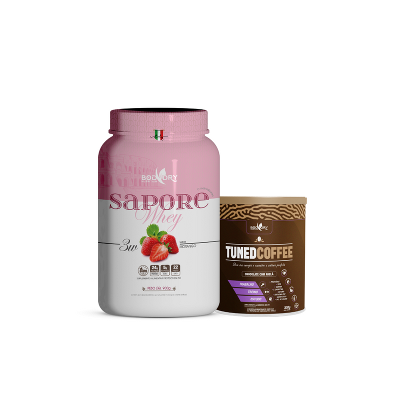 WHEY PROTEIN 3W - SAPORE MORANGO e TUNED COFFEE CHOCOLATE COM AVELÃ